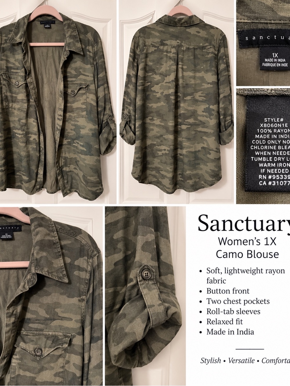 Sanctuary Olive Green Camouflage Blouse Utility Style